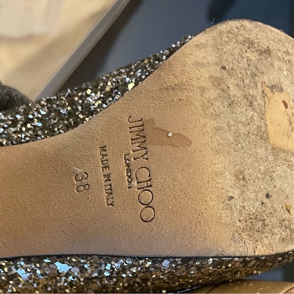 EUC Jimmy Choo Gold Glitter Luna Peep Toe Stilettos - Picture 5 of 5